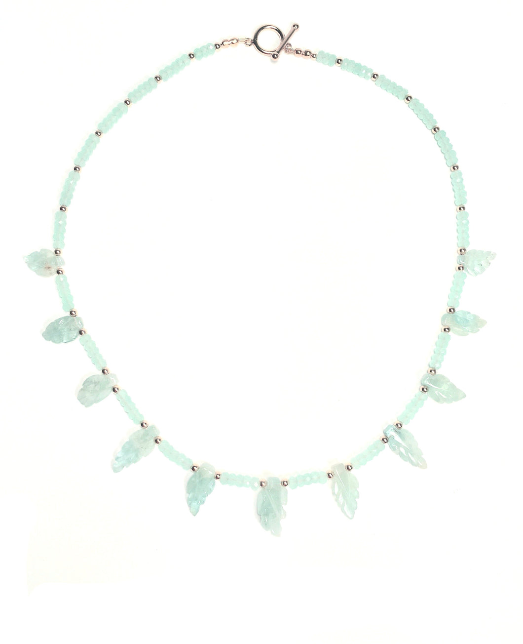 Natural Aquamarine, Hand-Carved Leaf Necklace with Peruvian Chalcedony Gems