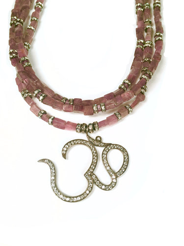Natural Pink Tourmaline Long OM Meditative Necklace