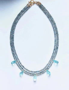 Elegant Triple Strand Labradorite & Moldavite Gemstone Necklace