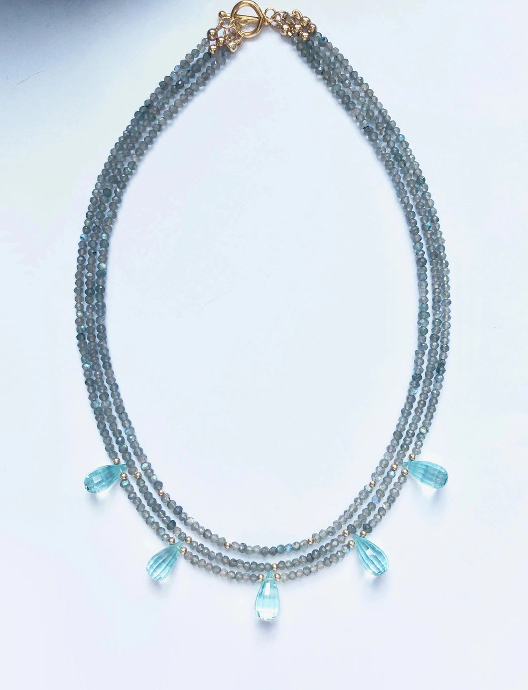 Elegant Triple Strand Labradorite & Moldavite Gemstone Necklace